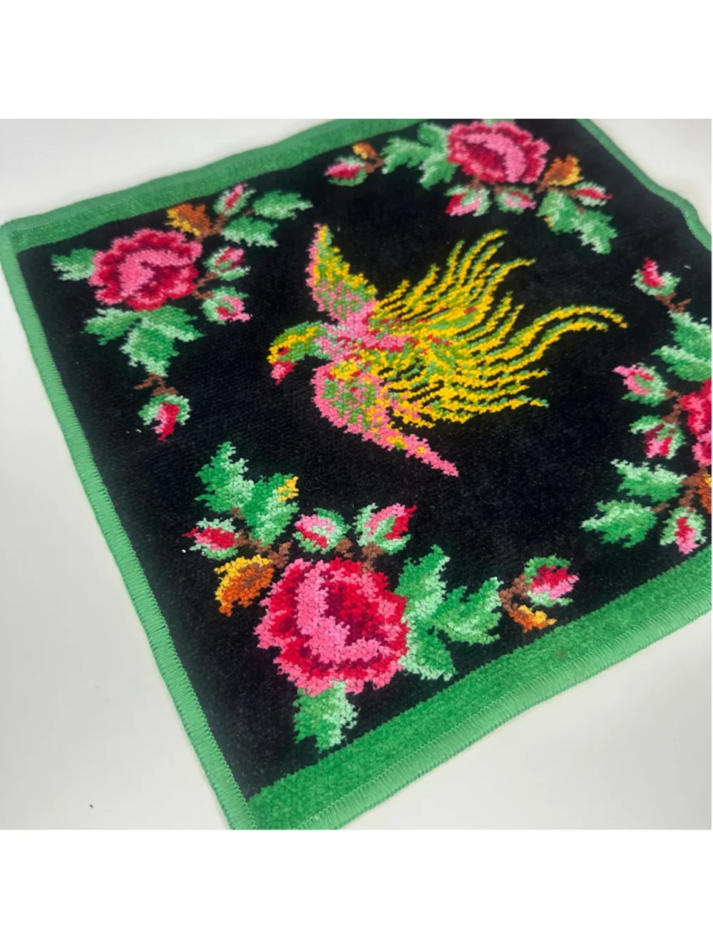 Vintage FEILER Germany Chenille Washcloth Towel - Phoenix Bird & Rose Pattern